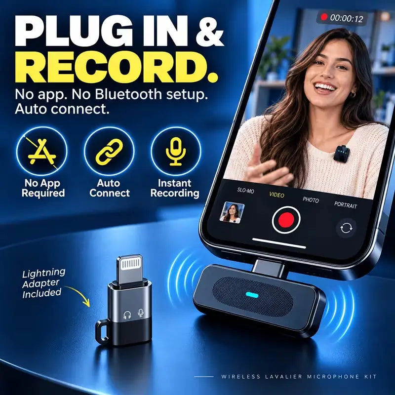 🎤Dual Wireless Lavalier Microphone Kit – Noise Reduction, USB-C & Lightning for iPhone & Android📱