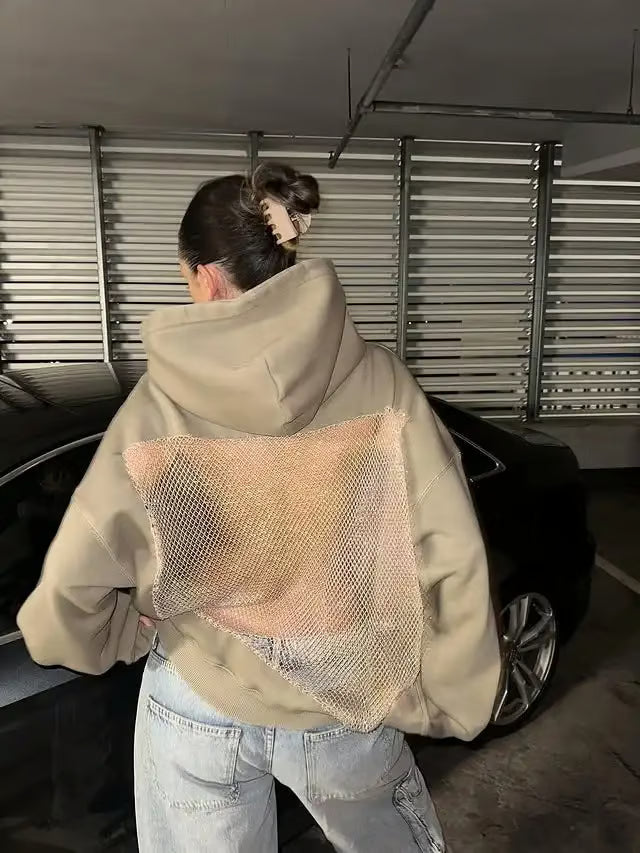 Glam Backless Mesh Hoodie – Shimmer & Shine in Style