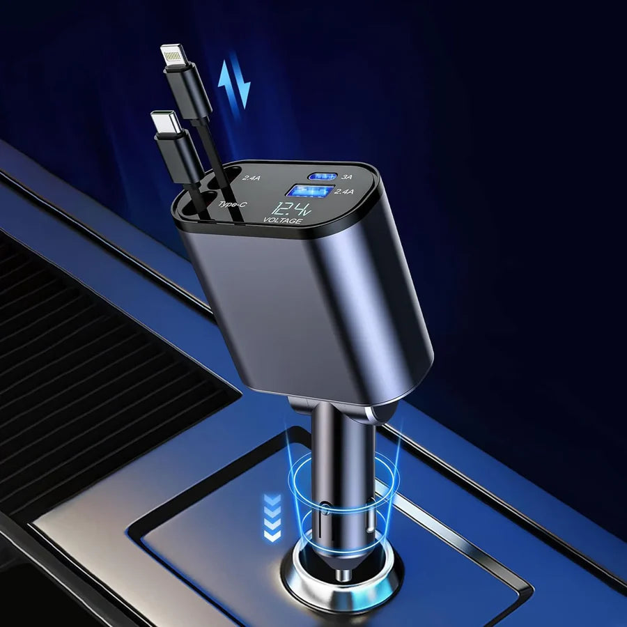 4-in-1 Retractable Car Fast Charger – Fits All Models, Charges All Devices