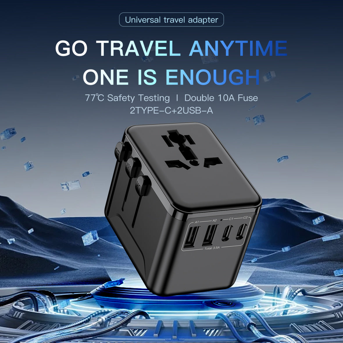 Universal Travel Adapter with Fast Charging – 2 Type-C + 2 USB-A Ports