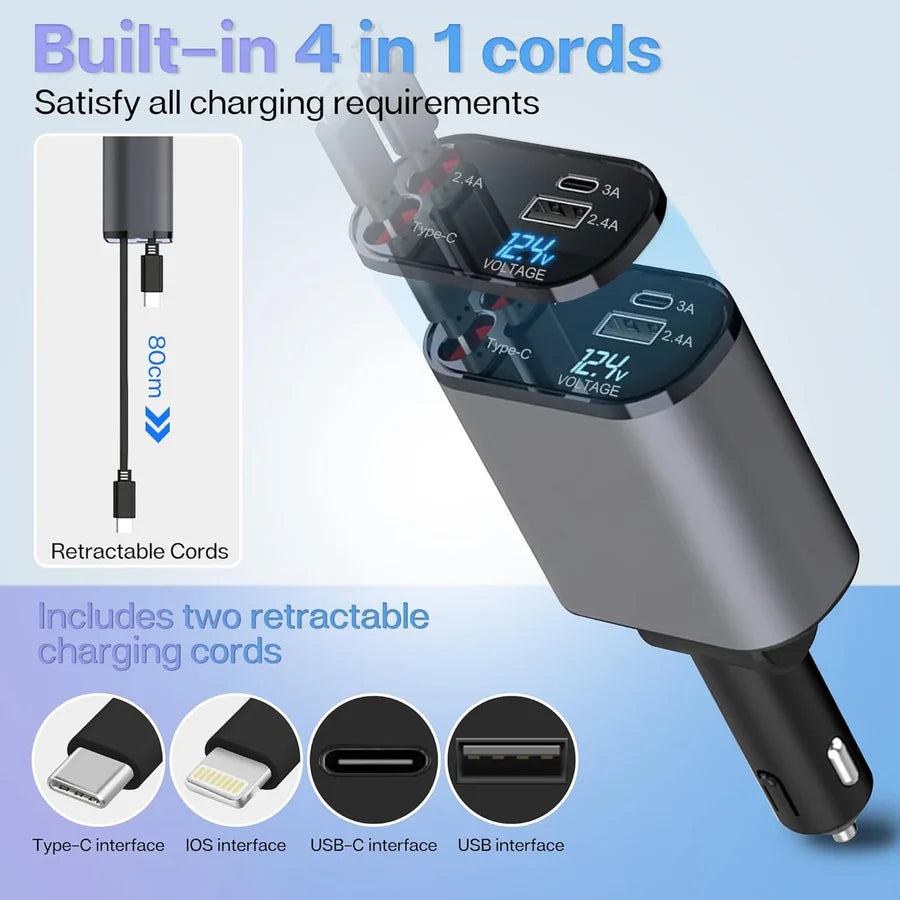 4-in-1 Retractable Car Fast Charger – Fits All Models, Charges All Devices