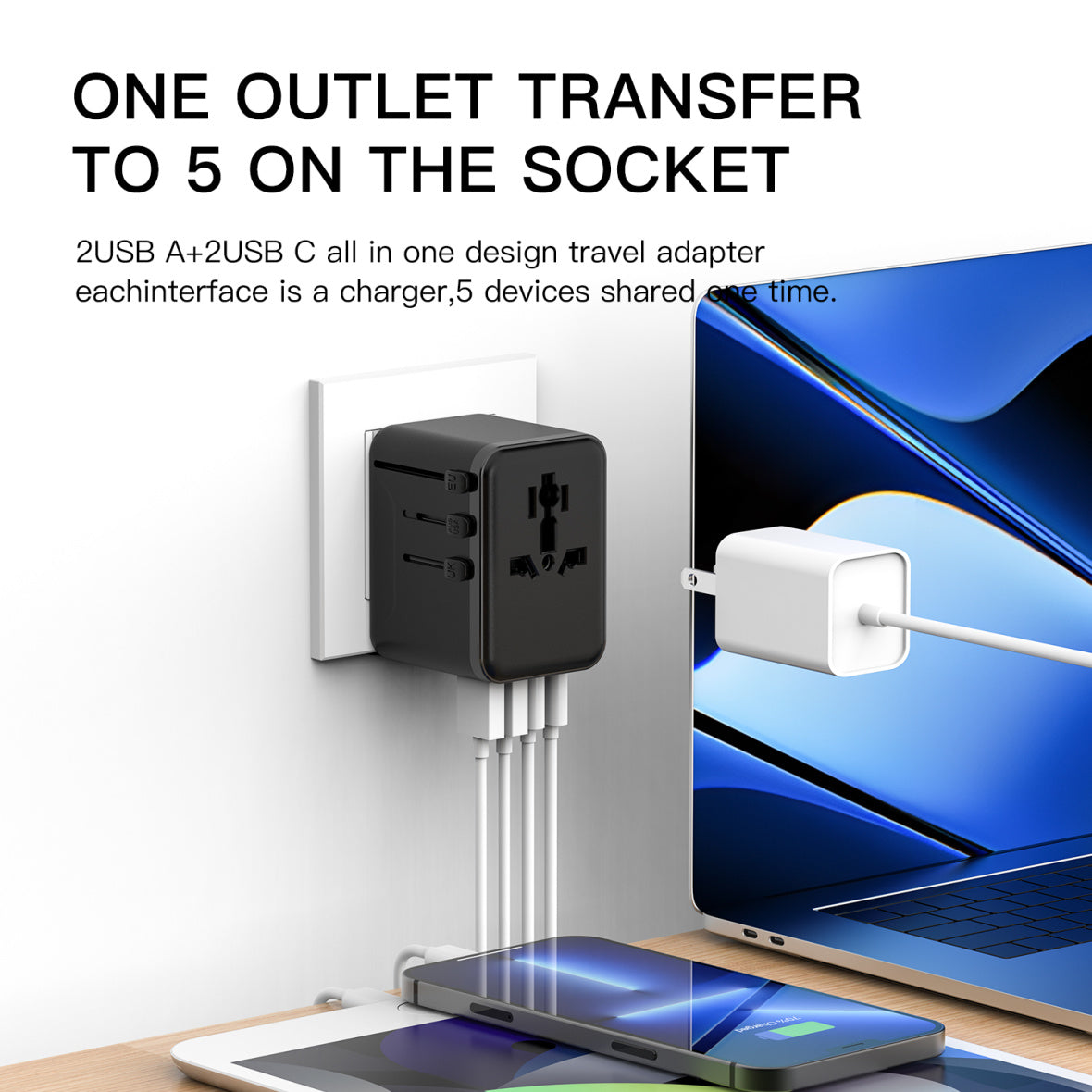 Universal Travel Adapter with Fast Charging – 2 Type-C + 2 USB-A Ports