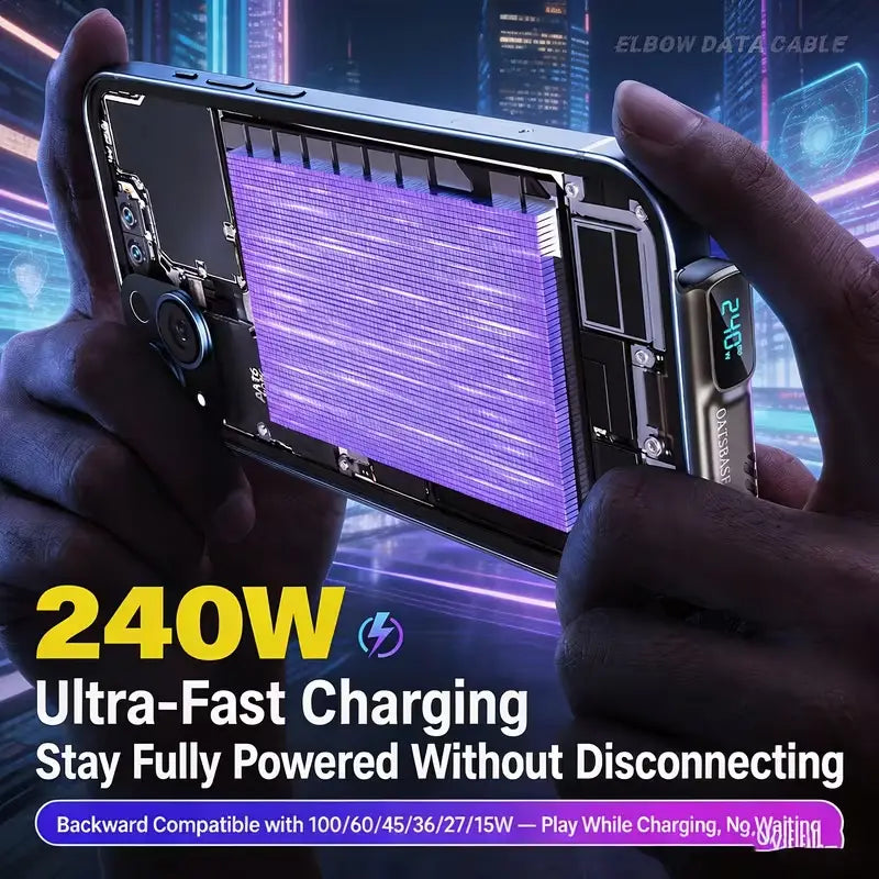 ⚡240W Fast Charging Right Angle Type-C Cable with Digital Display📱