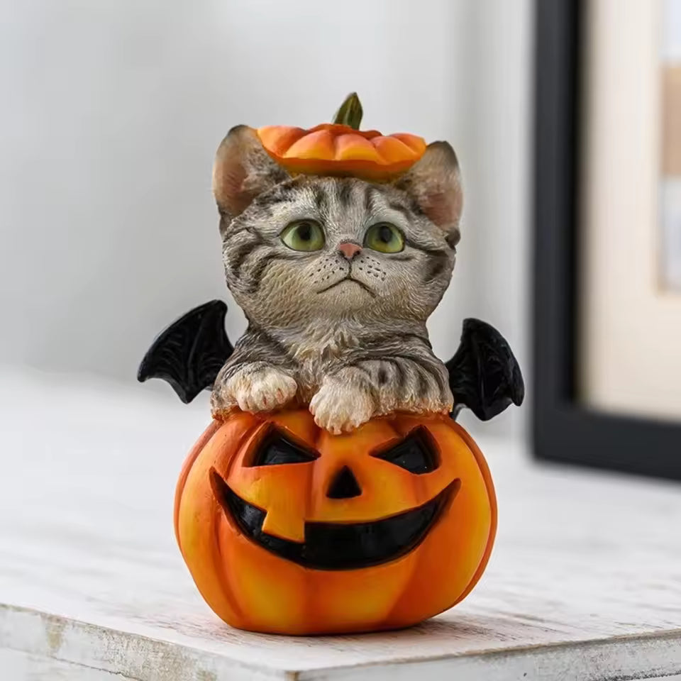 Cute Halloween Cat Pumpkin Statue
