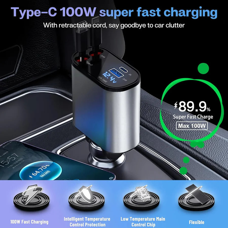 4-in-1 Retractable Car Fast Charger – Fits All Models, Charges All Devices