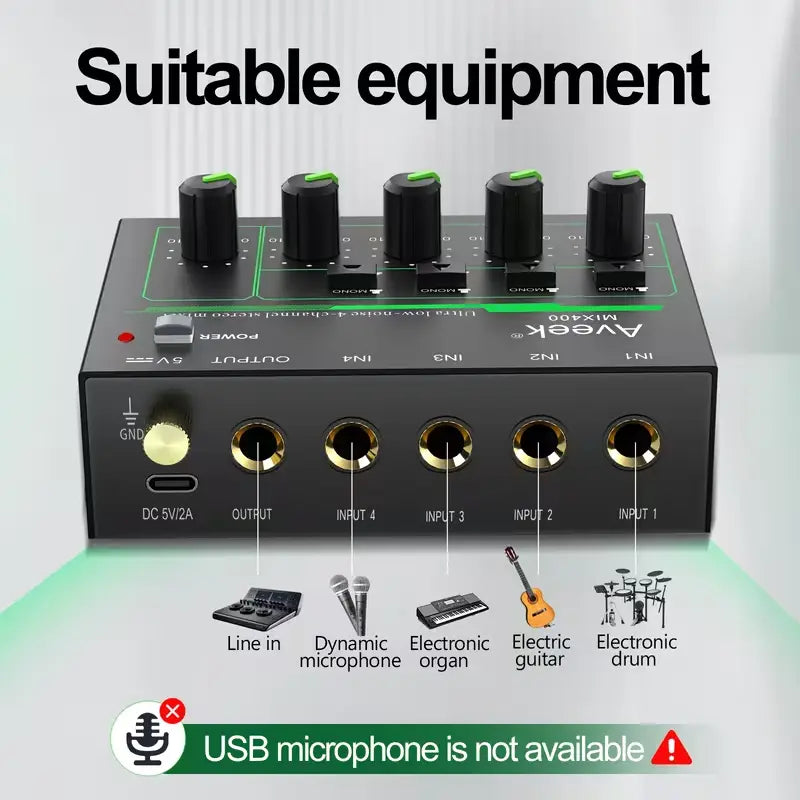 Mini Stereo Audio Mixer with Stereo/Mono Control for Mic, Guitar & Bass
