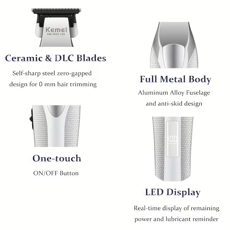 Kemei KM3023-702 Zero Gapped Cordless Hair Trimmer Professional Hair Clipper Men Barber Rechargeable Finish Hair Citing Machine