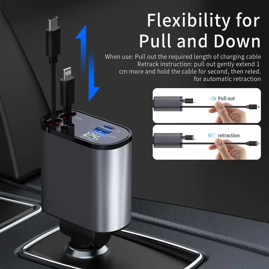 4-in-1 Retractable Car Fast Charger – Fits All Models, Charges All Devices