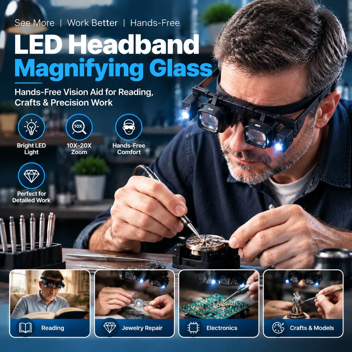 🔍LED Headband Magnifying Glass – Hands-Free Vision Aid for Reading, Crafts & Precision Work💡