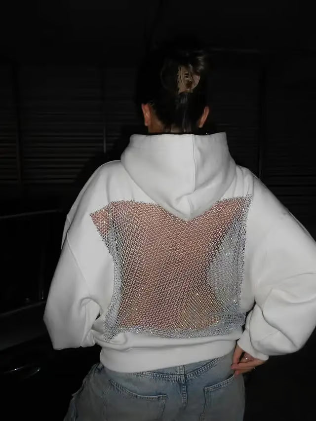 Glam Backless Mesh Hoodie – Shimmer & Shine in Style