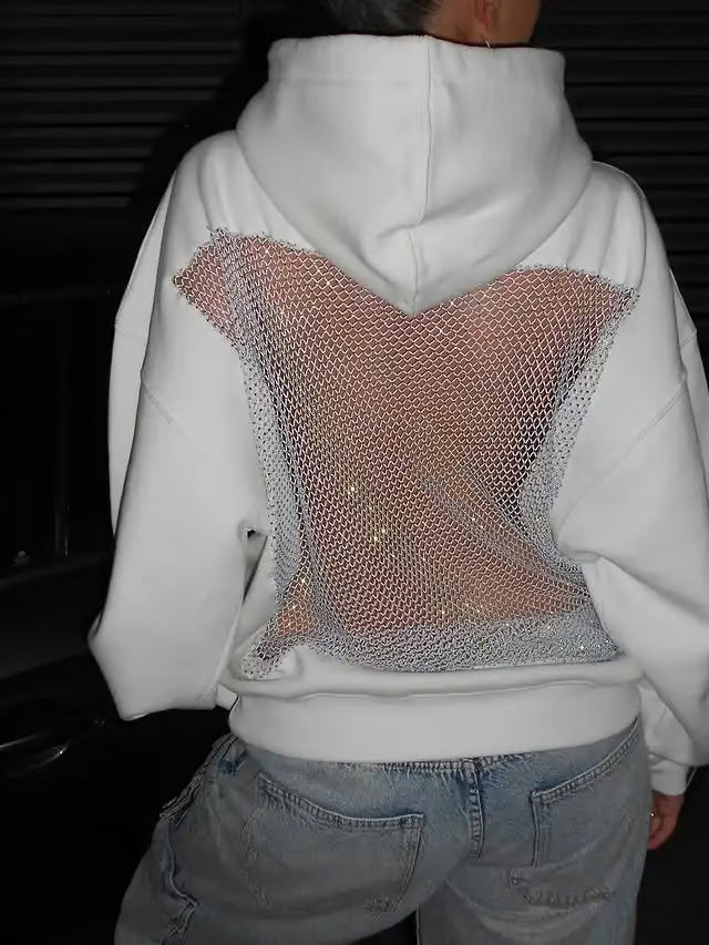 Glam Backless Mesh Hoodie – Shimmer & Shine in Style
