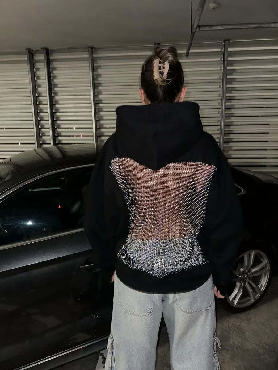 Glam Backless Mesh Hoodie – Shimmer & Shine in Style