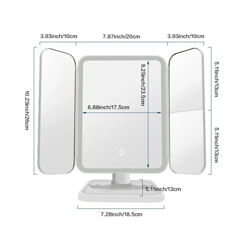 Foldable LED mirror with 3 panels for precise makeup