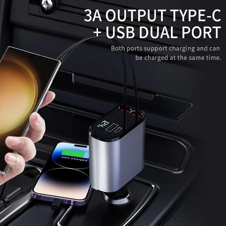 4-in-1 Retractable Car Fast Charger – Fits All Models, Charges All Devices