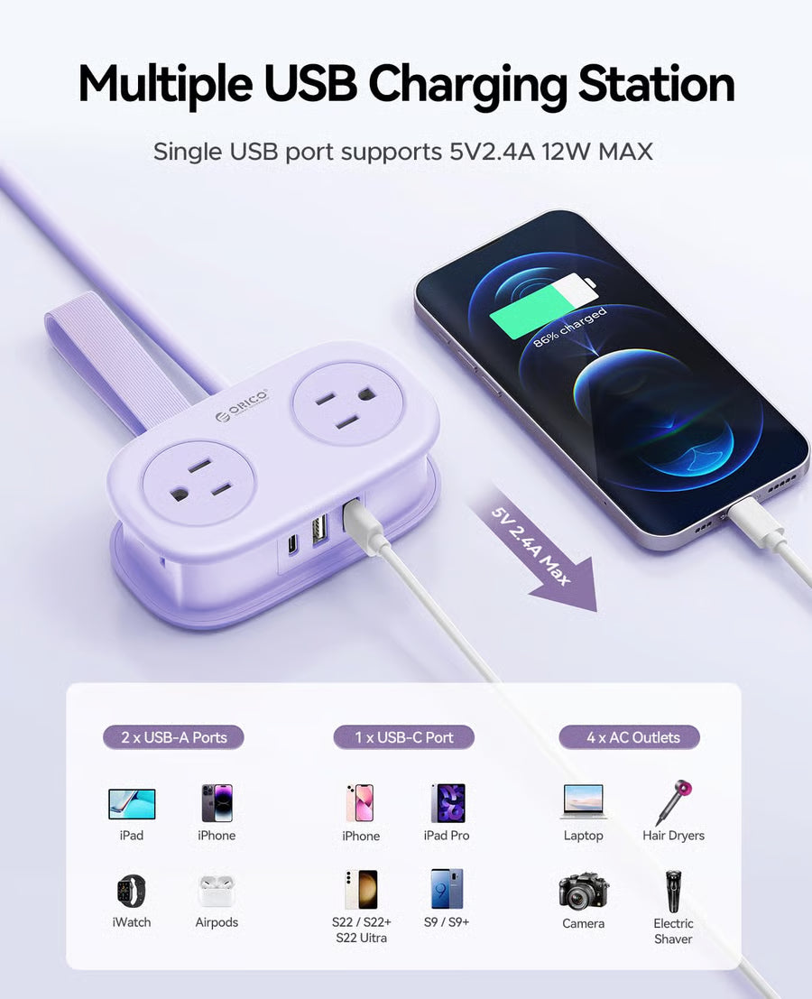 4FT Portable Power Strip – 4 AC Outlets for Travel
