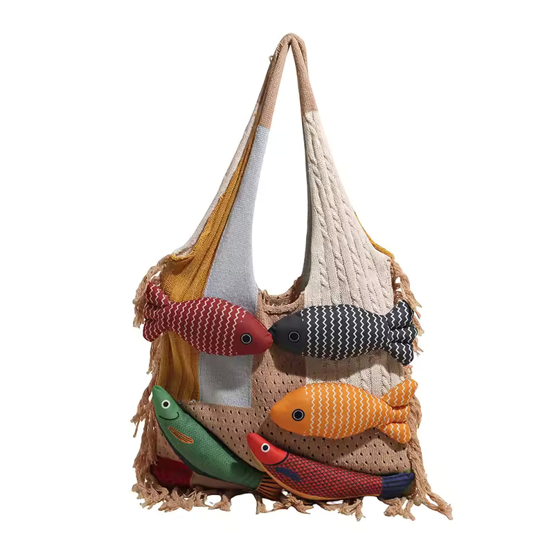 Fishes Applique Tassel Knit Bag