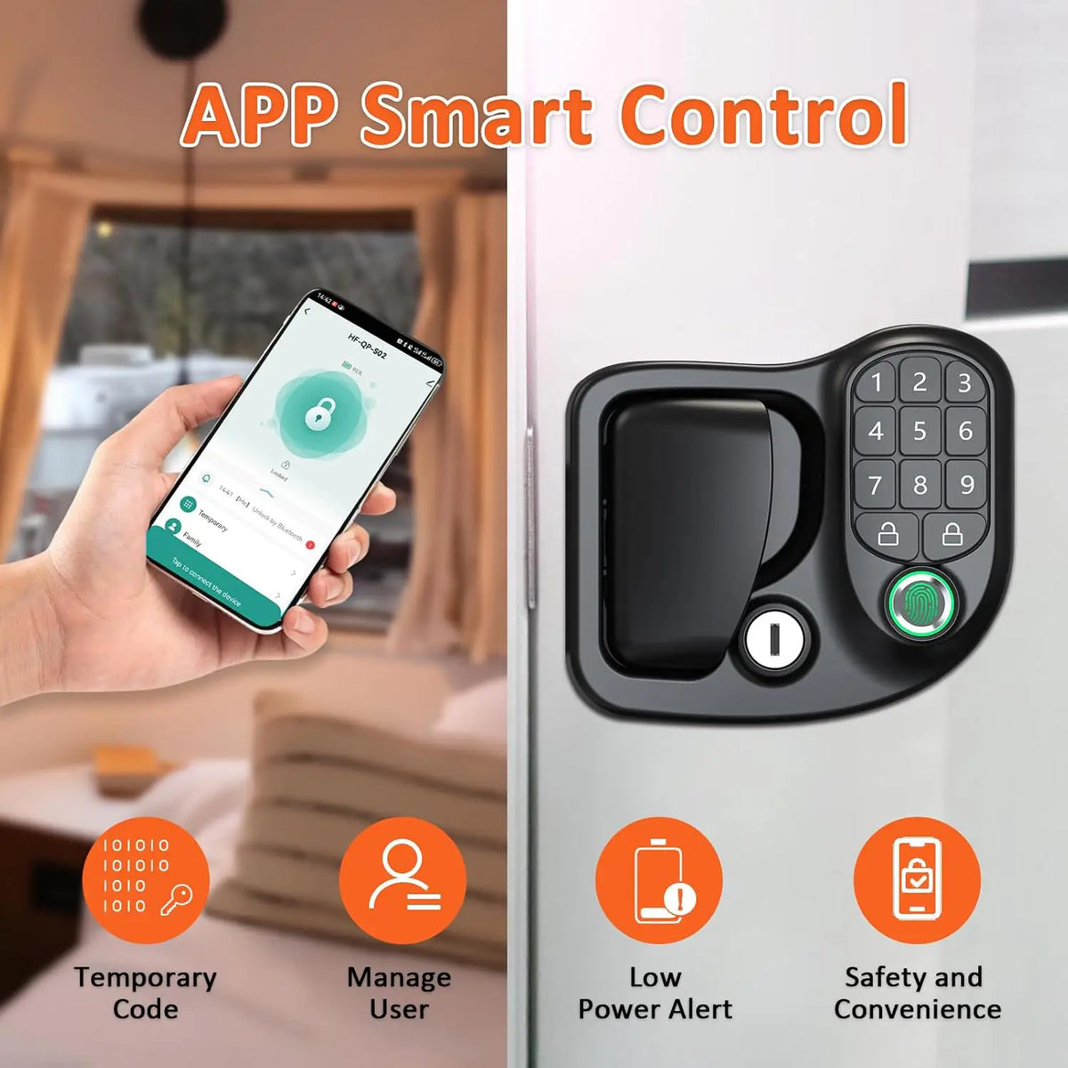 🔐 4-in-1 Smart RV Door Lock – Keyless Entry with Fingerprint, Bluetooth, Password & Key