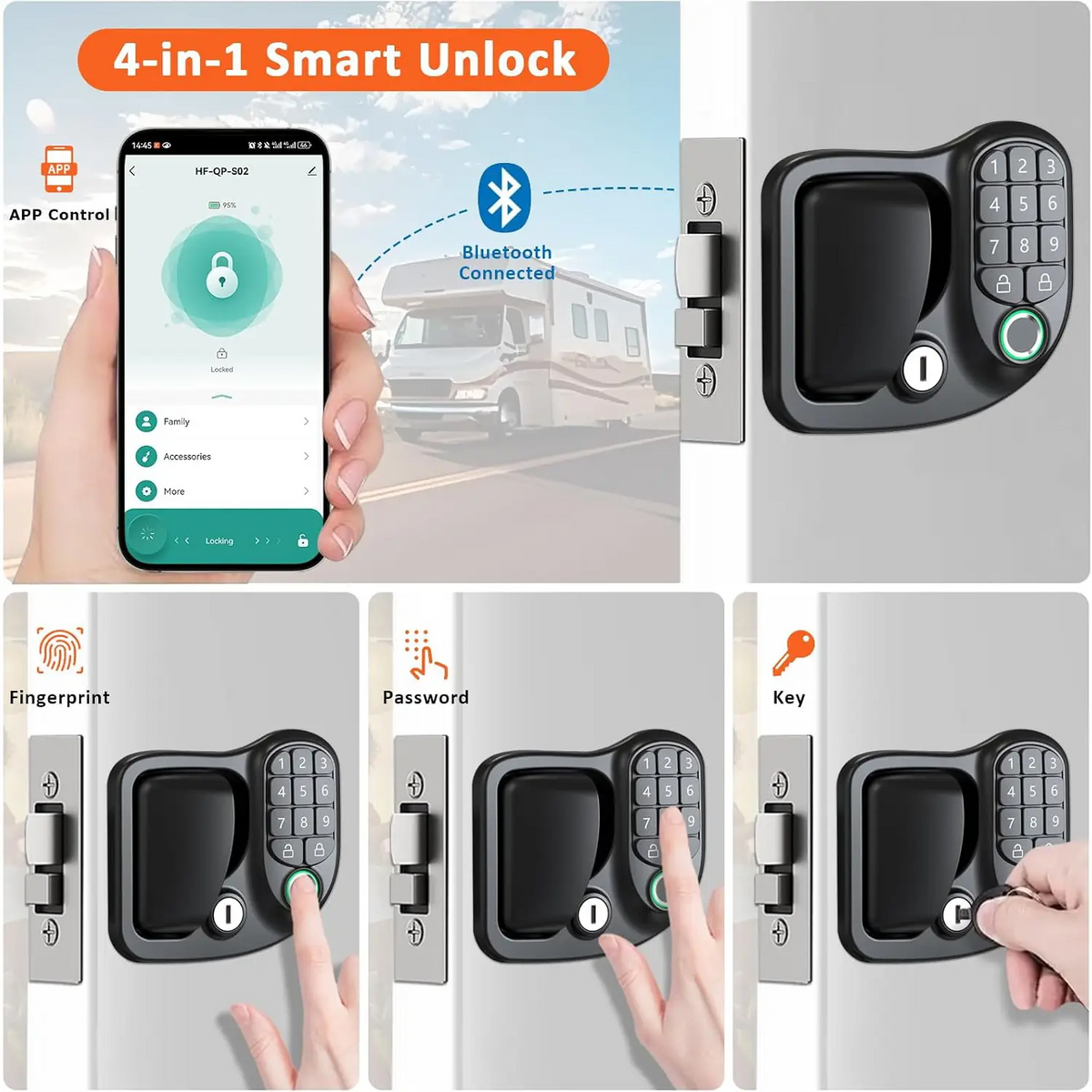 🔐 4-in-1 Smart RV Door Lock – Keyless Entry with Fingerprint, Bluetooth, Password & Key