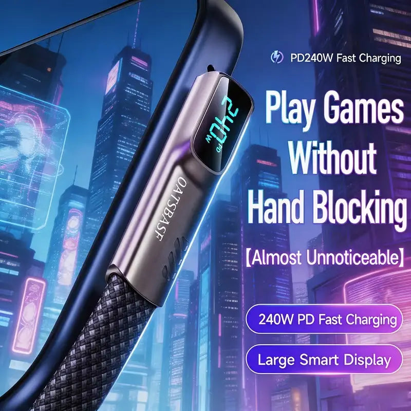 ⚡240W Fast Charging Right Angle Type-C Cable with Digital Display📱