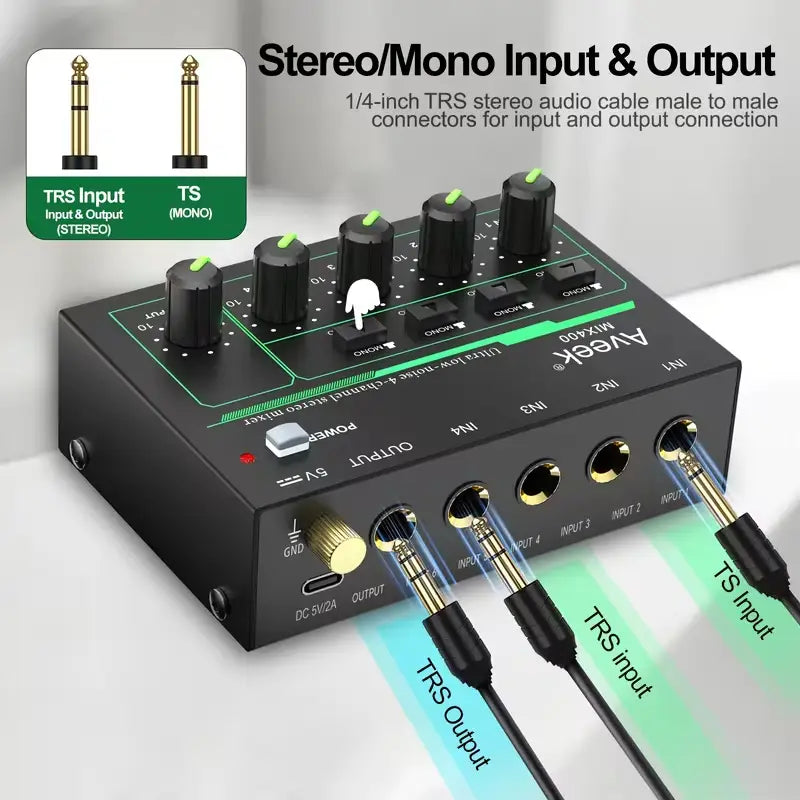 Mini Stereo Audio Mixer with Stereo/Mono Control for Mic, Guitar & Bass