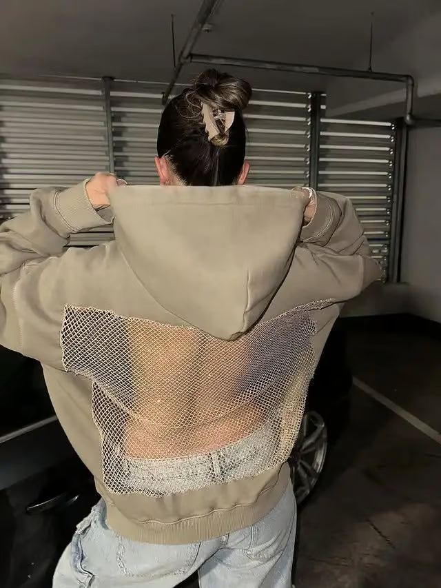 Glam Backless Mesh Hoodie – Shimmer & Shine in Style