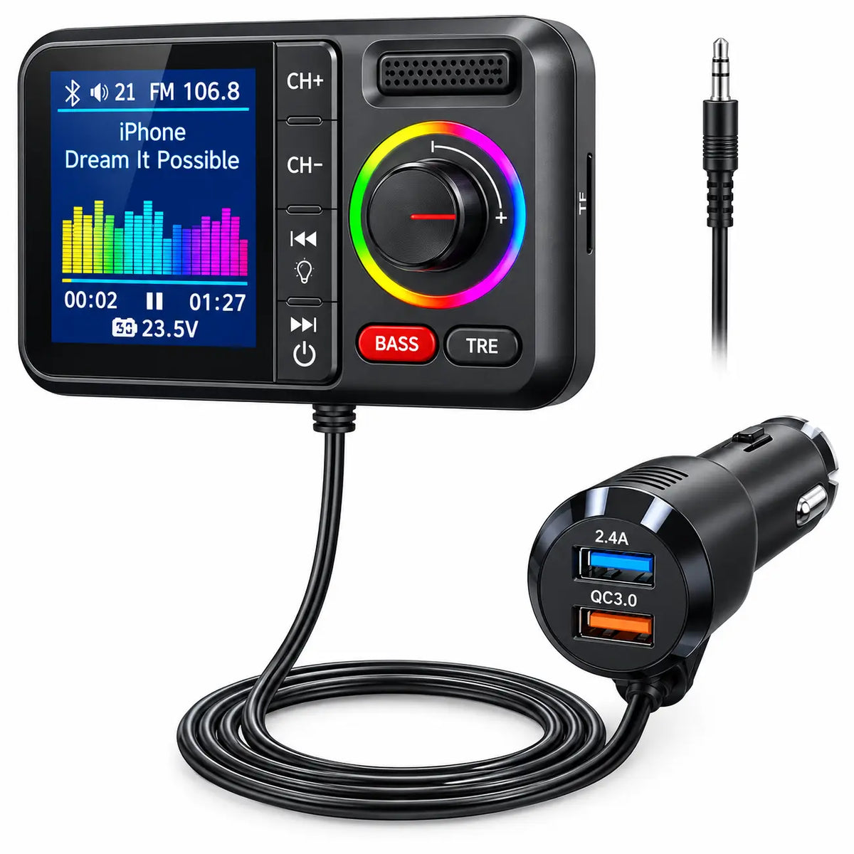 Car Bluetooth FM Transmitter with Color Display & Hands-Free Calling