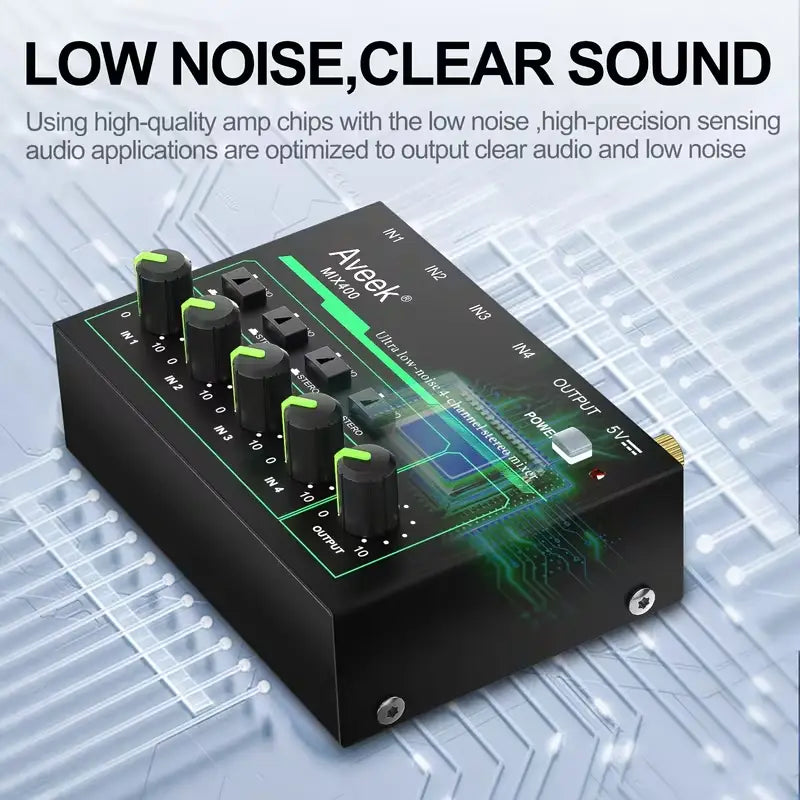 Mini Stereo Audio Mixer with Stereo/Mono Control for Mic, Guitar & Bass