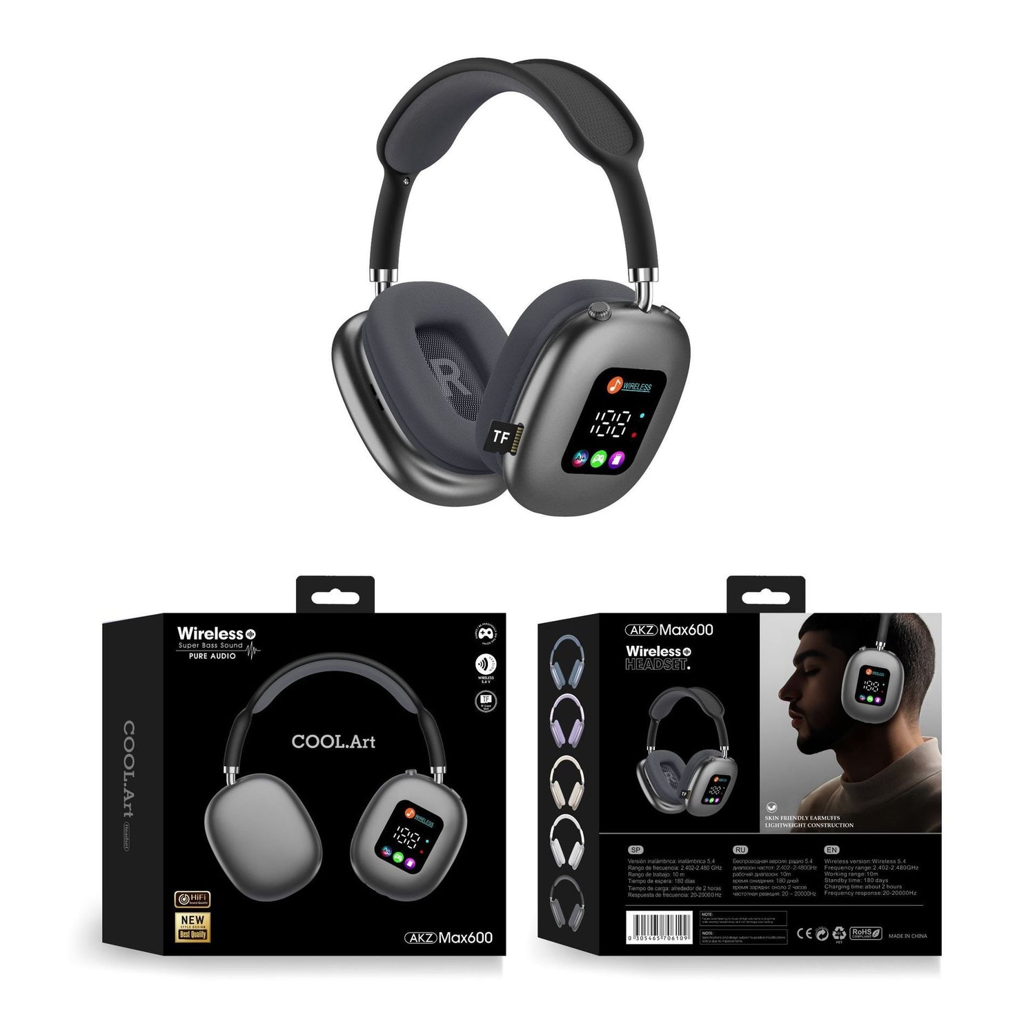 Over-Ear Wireless Bluetooth Headphones – RGB Display & TF Card Playback