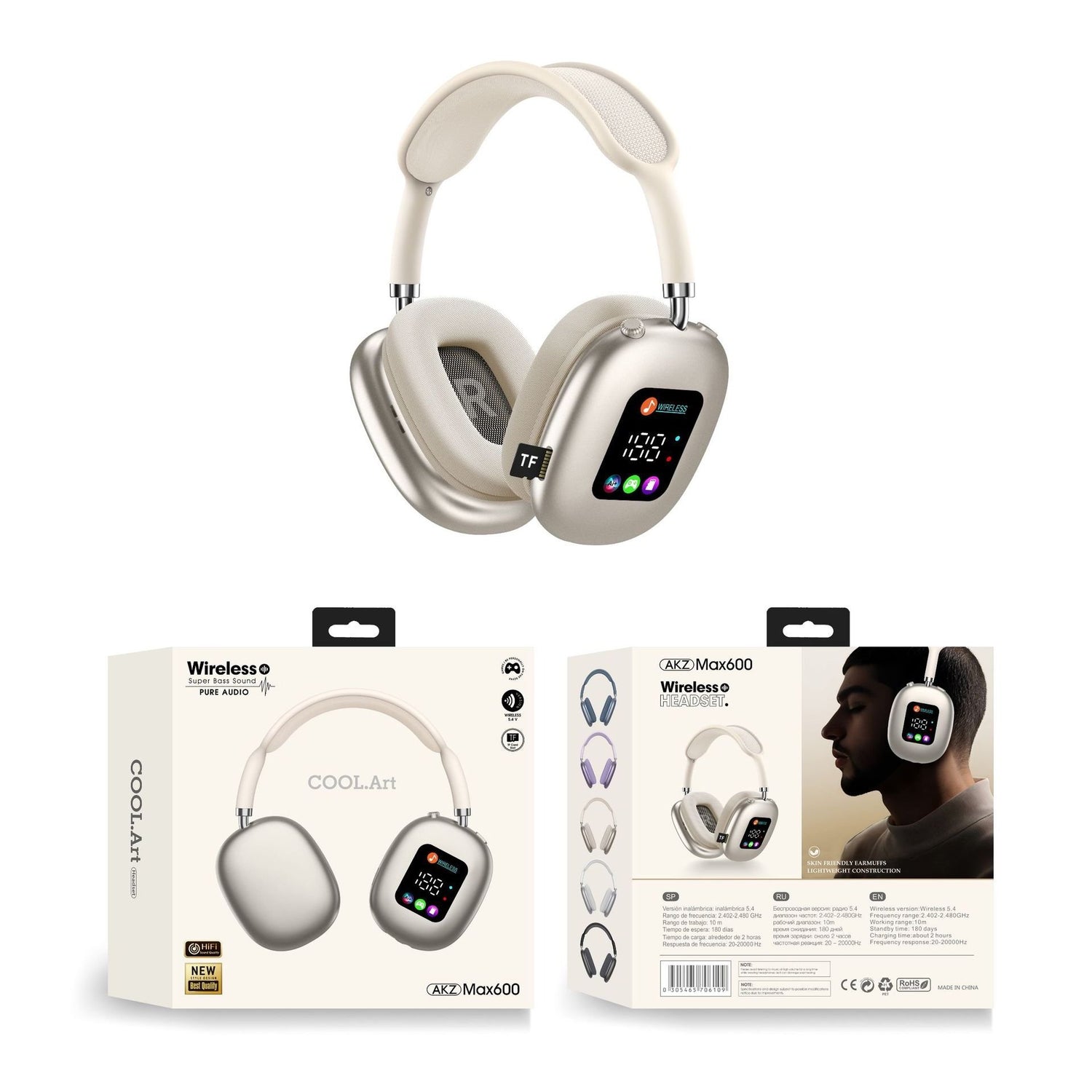 Over-Ear Wireless Bluetooth Headphones – RGB Display & TF Card Playback