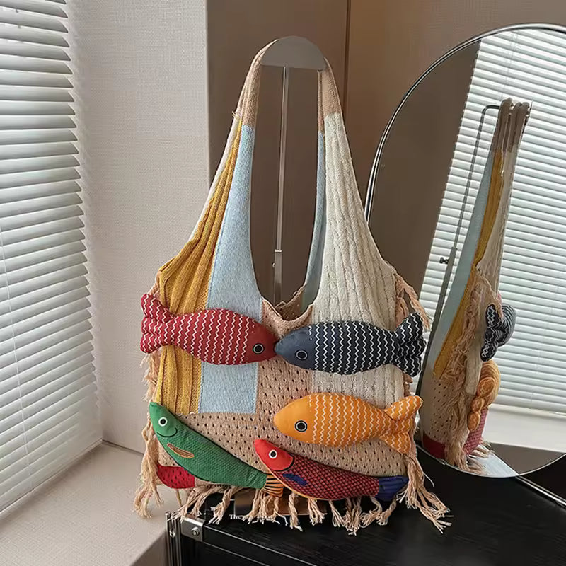 Fishes Applique Tassel Knit Bag
