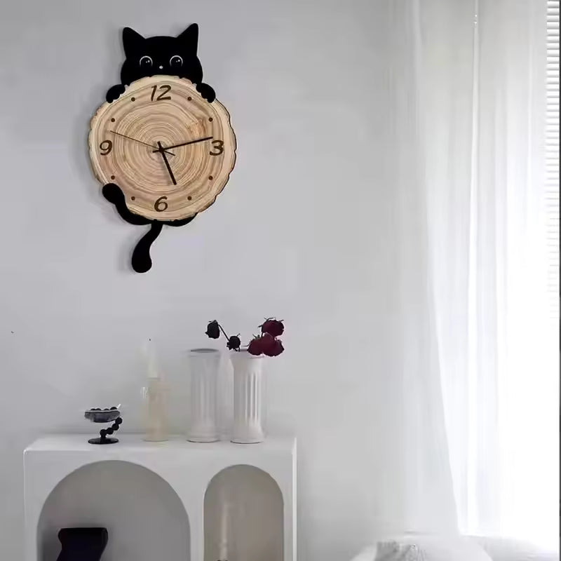 Cute Cat Wooden Silent Mute Wall Clock