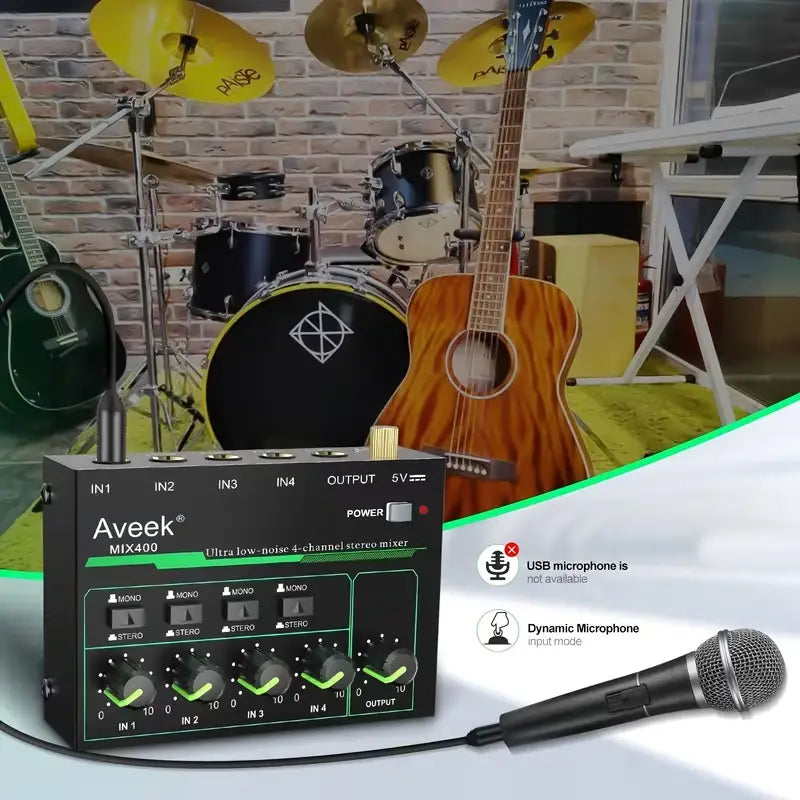 Mini Stereo Audio Mixer with Stereo/Mono Control for Mic, Guitar & Bass