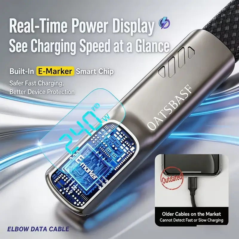 ⚡240W Fast Charging Right Angle Type-C Cable with Digital Display📱
