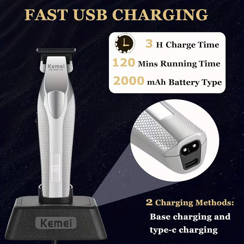 Kemei KM3023-702 Zero Gapped Cordless Hair Trimmer Professional Hair Clipper Men Barber Rechargeable Finish Hair Citing Machine