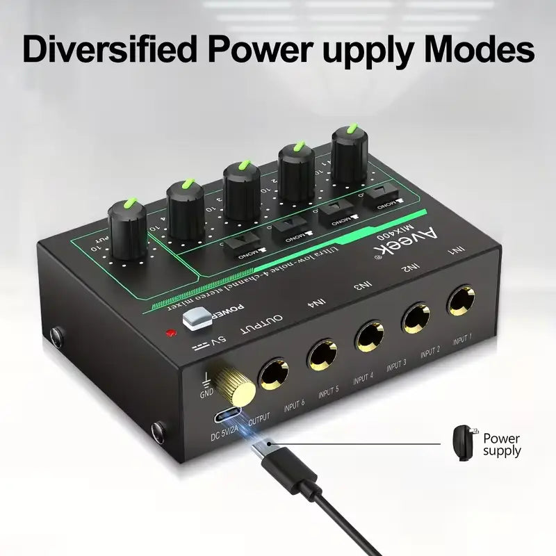 Mini Stereo Audio Mixer with Stereo/Mono Control for Mic, Guitar & Bass