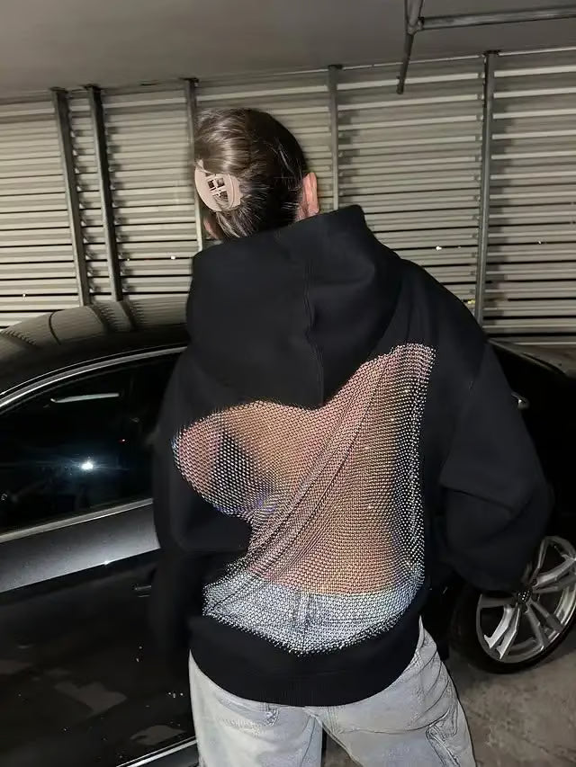 Glam Backless Mesh Hoodie – Shimmer & Shine in Style