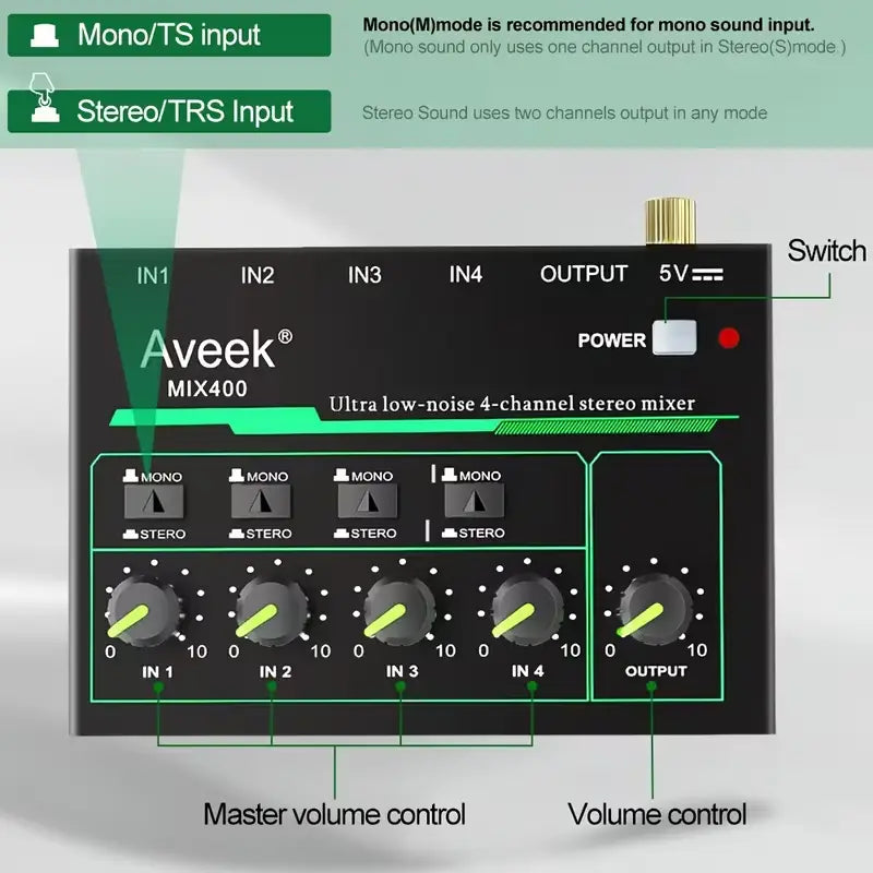 Mini Stereo Audio Mixer with Stereo/Mono Control for Mic, Guitar & Bass