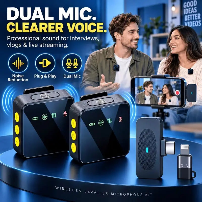 🎤Dual Wireless Lavalier Microphone Kit – Noise Reduction, USB-C & Lightning for iPhone & Android📱