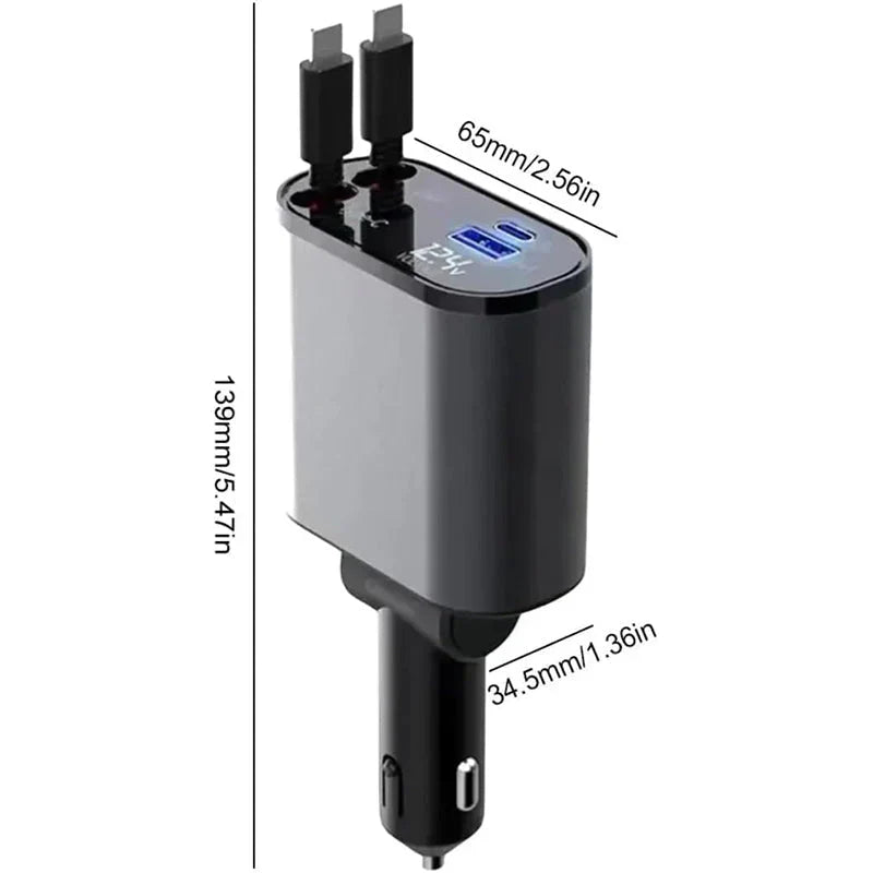 4-in-1 Retractable Car Fast Charger – Fits All Models, Charges All Devices