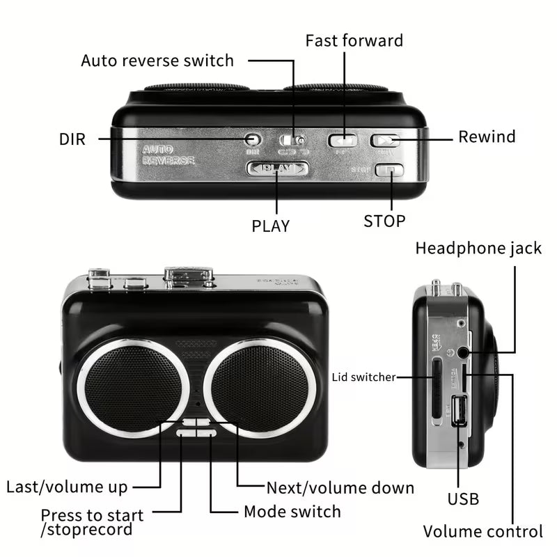 🔊 Dual-Speaker Retro Cassette Player – Stereo Sound, Auto-Reverse & Tape-to-MP3 Conversion🎵