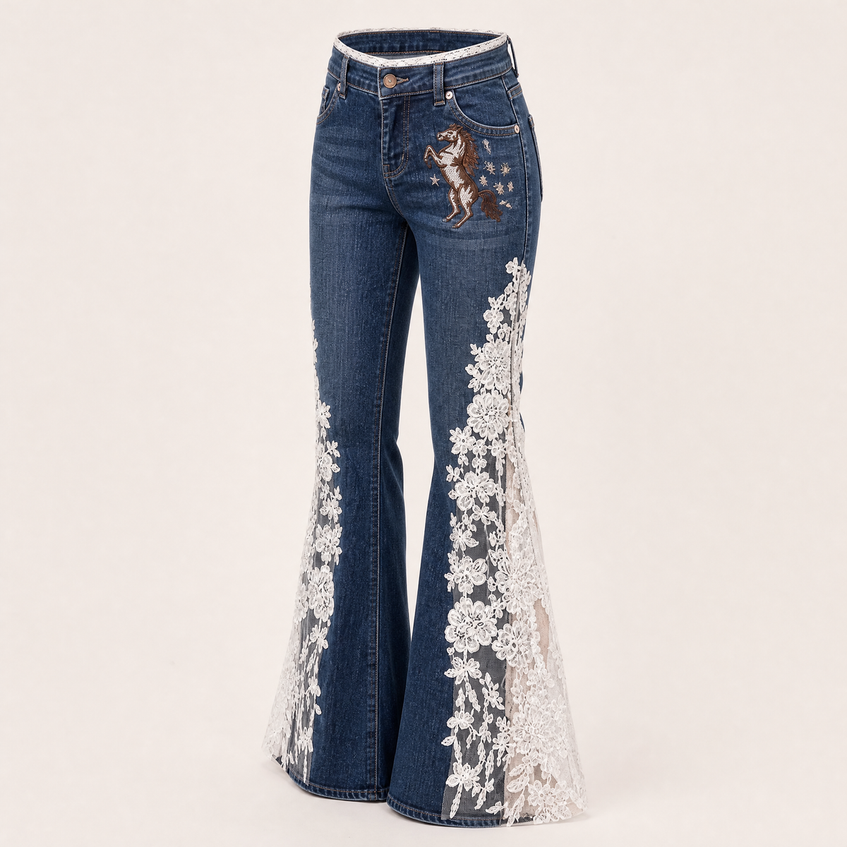 Western Floral Lace Embroidered Denim Jeans